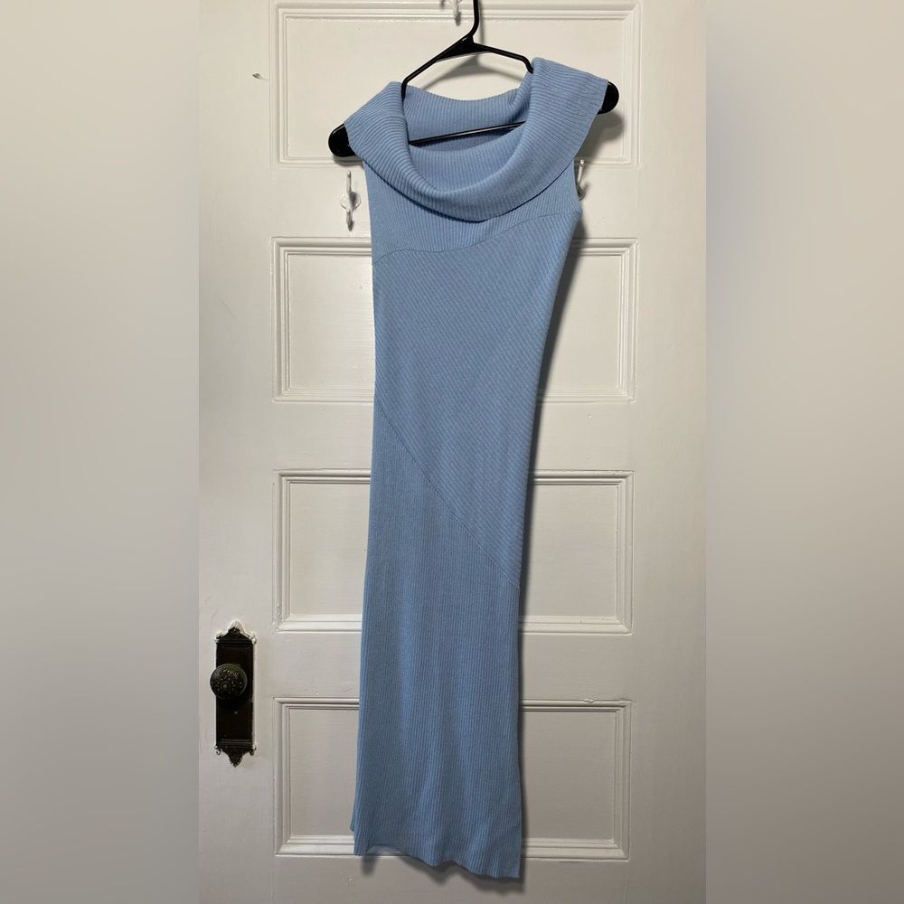 PINKO Ribbed Cowl-Neck Sleeveless Bodycon Dress Blue Sz Medium